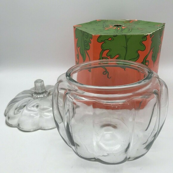 Vintage Clear Glass Halloween Pumpkin Candy Cookie Jar with  Original Box Fall - Picture 5 of 10